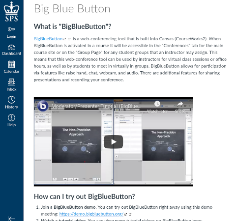 Columbia Big Blue Button homepage