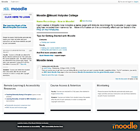 Mount Holyoke College Moodle homepage